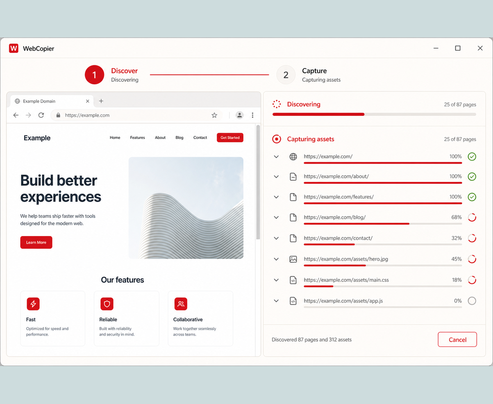 Discover pages and capture in WebCopier